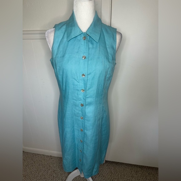 Talbots Turquoise Sleeveless Midi Irish Linen Dress size 8 - Picture 1 of 8